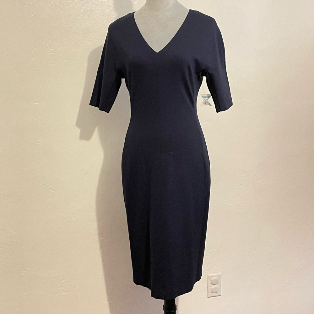 Eliza J Navy Blue V Neck Elbow Sleeve Midi Sheath Dress Size: 4